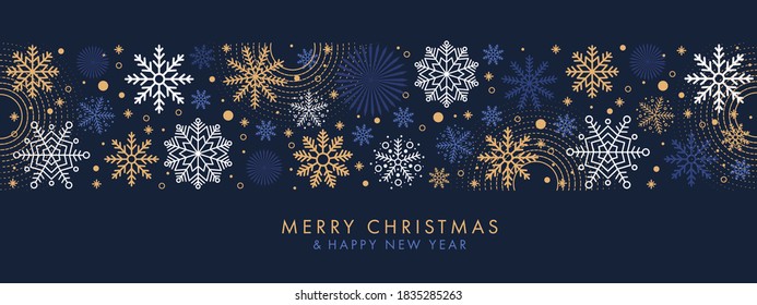 Merry Christmas and Happy New Year festive design with border made of beautiful snoflakes in modern line art style. Winter dark blue background with falling snow. Xmas decoration. Vector illustration.