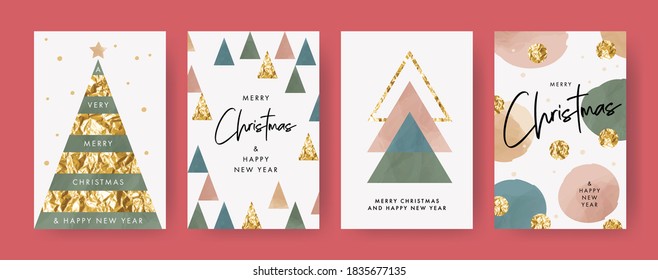 Merry Christmas and Happy New Year Set of greeting cards, posters, holiday covers. Trendy design templates with typography, foil pressed triangle firs, dots and watercolor textured geometric elements