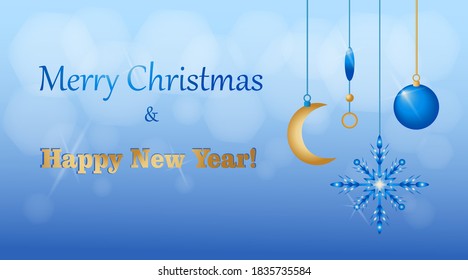 Merry Christmas and Happy New Year background with shiny bauble and bright snowflake, hanging on the ribbon. Suitable for banner, greeting card and advertising.