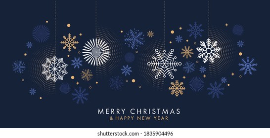 Merry Christmas and Happy New Year background, greeting card, poster, holiday cover. Design template with border made of beautiful snowflakes in modern flat line art style. Xmas decoration. Vector