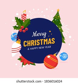 Merry Christmas and Happy New Year greeting card design design in flat cartoon style. Round composition with fir tree, holly, christmas balls and falling snow. Xmas postcard .Vector illustration.