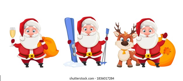 Feliz Navidad y Feliz Año Nuevo. Animado personaje de caricatura de Santa Claus, conjunto de tres poses. Ilustración del vector