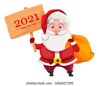 Merry Christmas and Happy New Year. Cheerful Santa Claus holding wooden sign with greetings. Vector illustration on white background