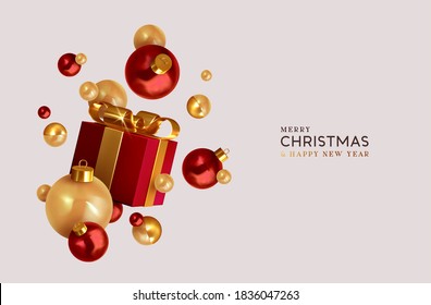 Merry Christmas and Happy New Year. Background with realistic festive gift box. Xmas present. Red gift boxes with surprise, Golden Christmas baubles, balls. Flyer and brochure. Vector illustration