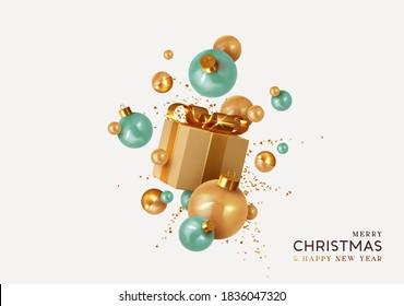 Merry Christmas and Happy New Year. Background with realistic festive gift box. Xmas present. Golden gift boxes with surprise, Blue Christmas baubles, balls, glitter gold confetti. Vector illustration