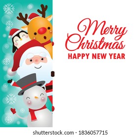 Merry Christmas and happy new year greeting card with cute Santa Claus with reindeer and snowman and penguin with big sign board in Christmas snow scene winter banner, Xmas holiday party concept