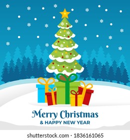 Merry Christmas and Happy New Year Banner template with Christmas tree and gift box with blue background