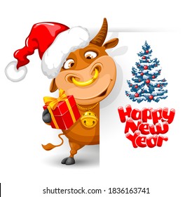 Merry Christmas and Happy New Year 2021 greeting design with cartoon funny bull. Bull dressed Santa hat and holding gift box with bow. Vector illustration. Isolated on white background.