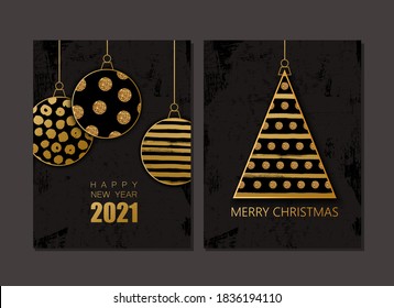 Merry Christmas and Happy New Year background with golden glitter balls, Christmas tree. Modern minimal style design. Card, invitation. 