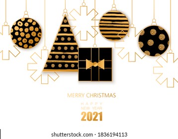 Merry Christmas and Happy New Year background with golden glitter balls, Christmas tree. Modern minimal style design. Card, invitation. 