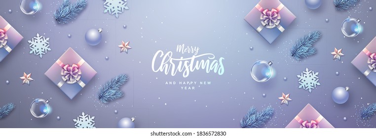 Merry Christmas and Happy New Year greeting card. Top view Christmas holiday background with fir tree, snowflakes, glass balls, gift boxes and stars