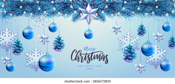 Merry Christmas and Happy New Year greeting card. Christmas holiday background with fir tree, snowflakes, glass balls, pine cones and star