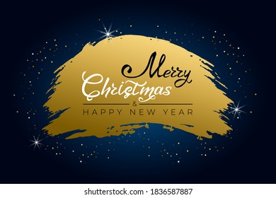 Merry Christmas and Happy New Year 2021. Greeting card with hand drawn lettering on golden brush stroke glittering on blue background. For holiday invitations, poster, banner. Vector illustration.
