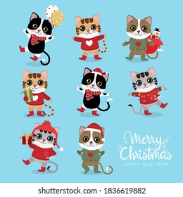 Merry Christmas and happy new year greeting card with cute cat wear winter costume. Animal holidays cartoon character. Funny kitten set.