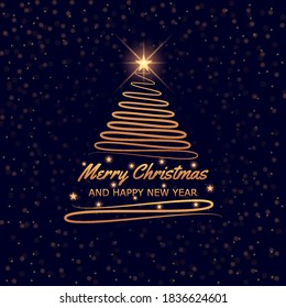 Merry Christmas and happy new year in golden scribble tree shape