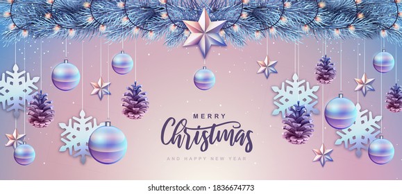 Merry Christmas and Happy New Year greeting card. Christmas holiday background with fir tree, snowflakes, glass balls, pine cones and star