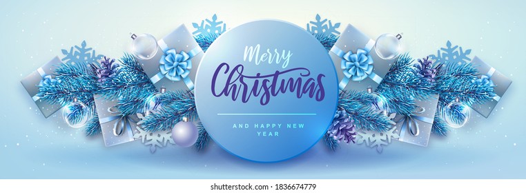 Merry Christmas and Happy New Year greeting card. Christmas holiday background with fir tree, snowflakes, glass balls, gift boxes and stars