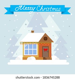 Merry Christmas and Happy New Year greeting card design. Winter holidays landscape with snow covered house. Holidays vector illustration