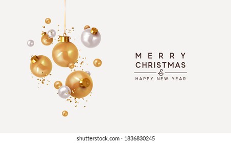 Merry Christmas and Happy New Year. Background with festive 3d golden balls. Xmas Realistic balls bauble hanging on ribbon. Falling Tinsel glitter gold confetti. space for text. vector illustration