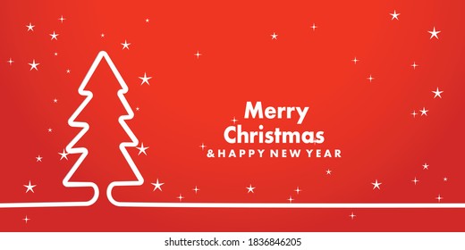 Merry christmas and  happy new year pine tree design in outline style color white. red background. cover page, snow, banner design.