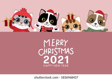 Merry Christmas and happy new year greeting card with cute cat wear winter costume. Animal holidays cartoon character. Funny kitten set.