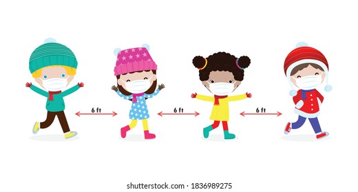 Merry Christmas and Happy new year for new normal lifestyle concept. happy kids in winter costume wearing face mask and social distancing protect coronavirus covid 19, isolated on background  vector