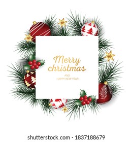 Merry Christmas and Happy New Year greeting card with festive Christmas balls. Vector holiday illustration