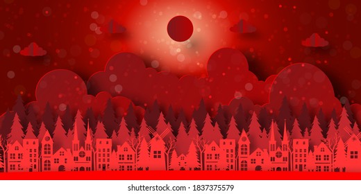 Merry Christmas and Happy New Year, Red background banner of town with pine forest