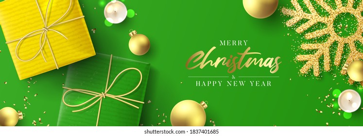 Merry Christmas and Happy New Year banner. Holiday background with realistic yellow and green gift boxes, burning candles, Christmas balls, golden confetti and snowflake. Vector illustration.