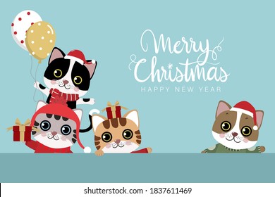 Merry Christmas and happy new year greeting card with cute cat wear winter costume. Animal holidays cartoon character. Funny kitten set.