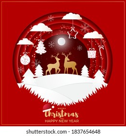 Feliz Navidad y Feliz Año Nuevo banner, X-mas, pino , luna de navidad, brillo, afiche de fondo, tarjeta de saludo, vacaciones, hermoso efecto Papercut de ciervos con toque dorado