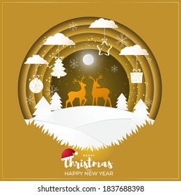 Merry Christmas and Happy New Year banner, X-mas, pine tree , christmas moon, glitters, sparkling background poster, greeting card, holiday, beautiful deer Papercut effect with golden touch