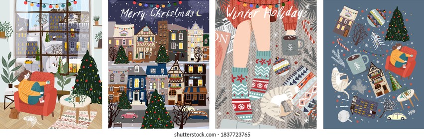 Merry Christmas   Happy New Year! Vector illustration winter holidays: home living room interior and woman  night cityscape  cozy rug and pet cat   coffee  Drawings for postcard   poster
