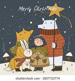 Merry Christmas and Happy New Year! Vector cute illustration of people and animals: polar bear, hare, fox in the evening outdoors on a holiday. Drawing for greeting card and poster
 
