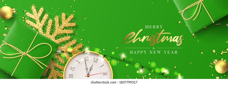 Merry Christmas and Happy New Year banner. Holiday background with realistic green gift boxes, light garlands, Christmas balls, candy canes, confetti and snowflakes. Vector illustration.