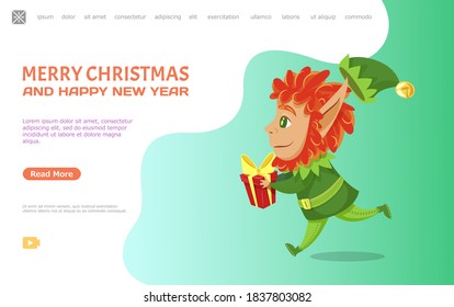 Merry Christmas and happy new year. Winter xmas character, elf running with present and ribbon bow. Dwarf with gift for holidays. Website or webpage template, landing page, vector in flat style