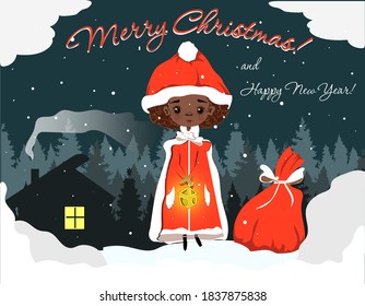 Merry Christmas and Happy New Year!. Cute little afro girl in Santa's costume and big red bag. Vector illustrtaion. 