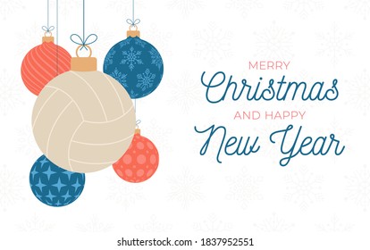 Merry Christmas and Happy New Year flat cartoon Sports greeting card. Volleyball ball as a Christmas ball on background. Vector illustration.