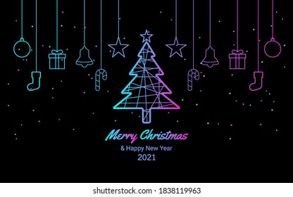 Merry Christmas and happy new year 2021 with hanging ornaments and neon light color