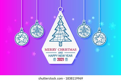 Merry Christmas and happy new year 2021 in hanging paper tag on neon light color