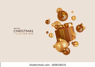 Merry Christmas and Happy New Year. Background with realistic festive gift box. Xmas present. Gold gift boxes with surprise, Golden Christmas baubles, balls. Flyer and brochure. Vector illustration Merry Christmas and Happy New Year. Background with realistic festive gift box. Xmas present. Gold gift boxes with surprise, Golden Christmas baubles, balls. Flyer and brochure. Vector illustration