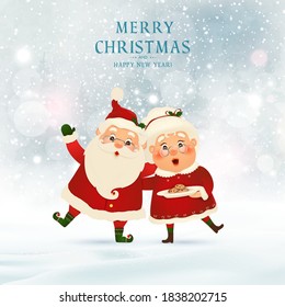 Merry Christmas. Happy new year. Funny Santa Claus with cute Mrs. Claus in Christmas snow scene winter landscape. Mrs. Claus Together. Vector cartoon character of Santa Claus and his wife.