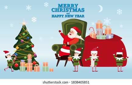 Merry Christmas and Happy New Year Santa Claus with his elf helpers and deers gives gifts to children in his residence. In conditions of the COVID 2019 pandemic in medical masks, Social distancing