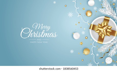 Merry Christmas and Happy New Year. Xmas background with present, snowflakes, star and balls design.