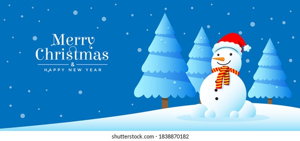 Merry Christmas & happy new year greeting vector design. Snowman and snowflake Christmas season paper art, paper craft style winter illustration.