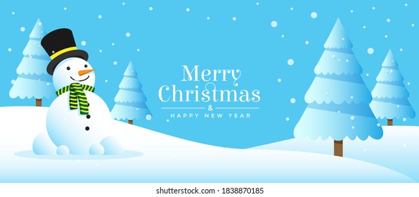 Merry Christmas & happy new year greeting vector design. Snowman and snowflake Christmas season paper art, paper craft style winter illustration.