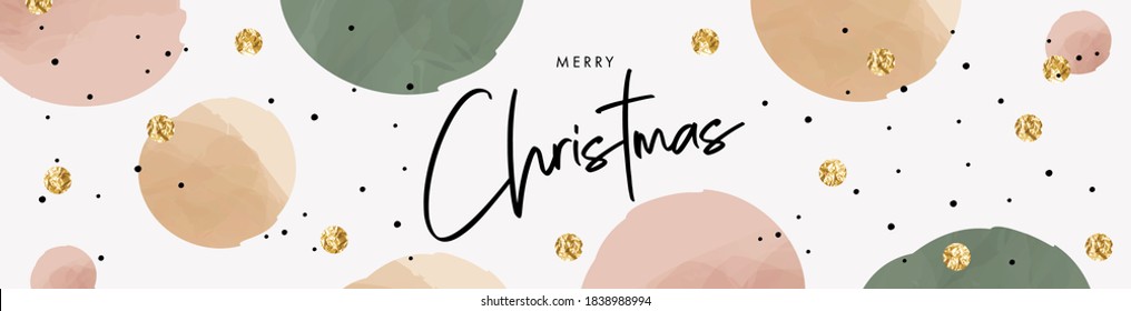 Merry Christmas and Happy New Year banner. Trendy Fashion Xmas design with typography, gold foil pressed dots and watercolor texture elements. Horizontal poster, greeting card, header for website