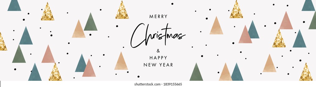 Merry Christmas And Happy New Year Banner. Trendy Modern Xmas Design Template With Gold Foil Triangle Firs, Dots And Watercolor Texture Elements. Horizontal Poster, Greeting Card, Header For Website.