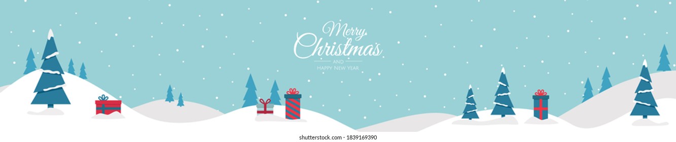 Merry Christmas and Happy New Year. Banner illustration with xmas tree and present.