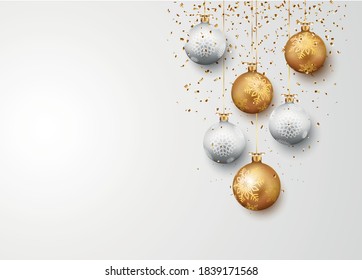 Merry christmas and happy new year design with  balls and confetti